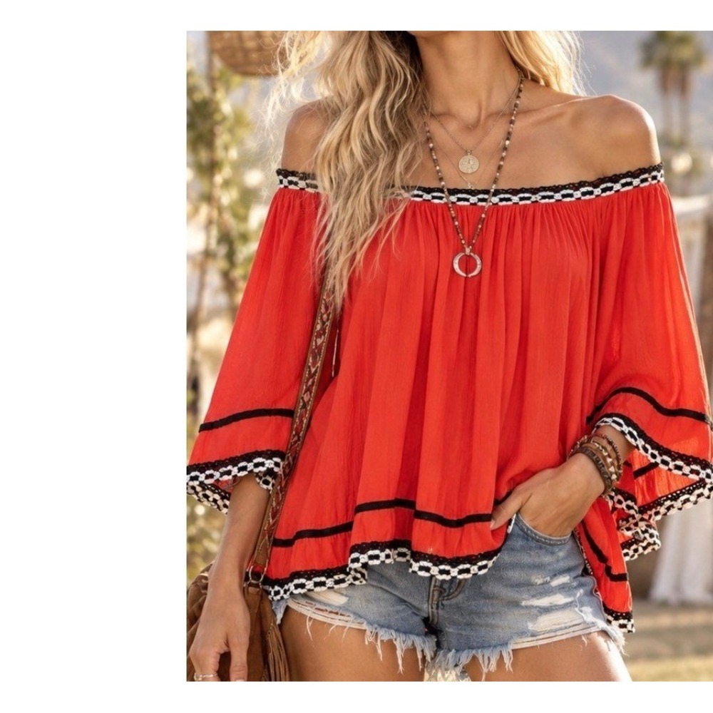 Vintage Y2K Va Va by Joy Han Coral Boho Peasant Top Off Shoulder Crochet Trim M